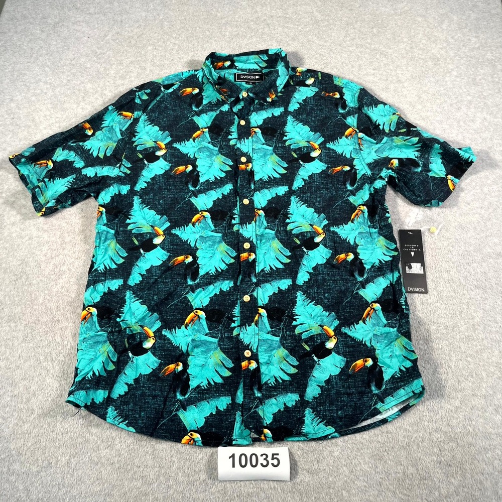 Dvision Shirt Men's XL Blue Green Tropical Leaf Short Sleeve Collared Button Up